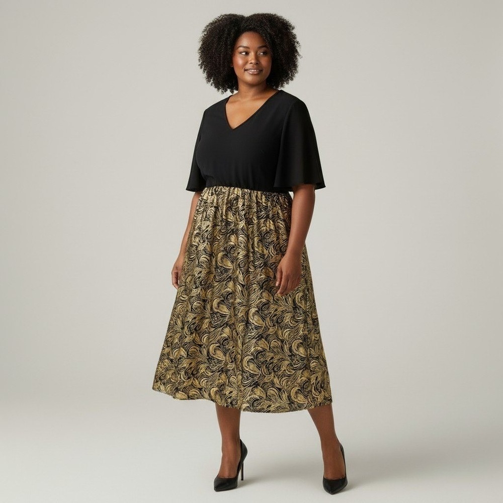 BloomChic Midi Dress Gold Black Metallic Foil Flutter Sleeve V-Neck 14-16 Party